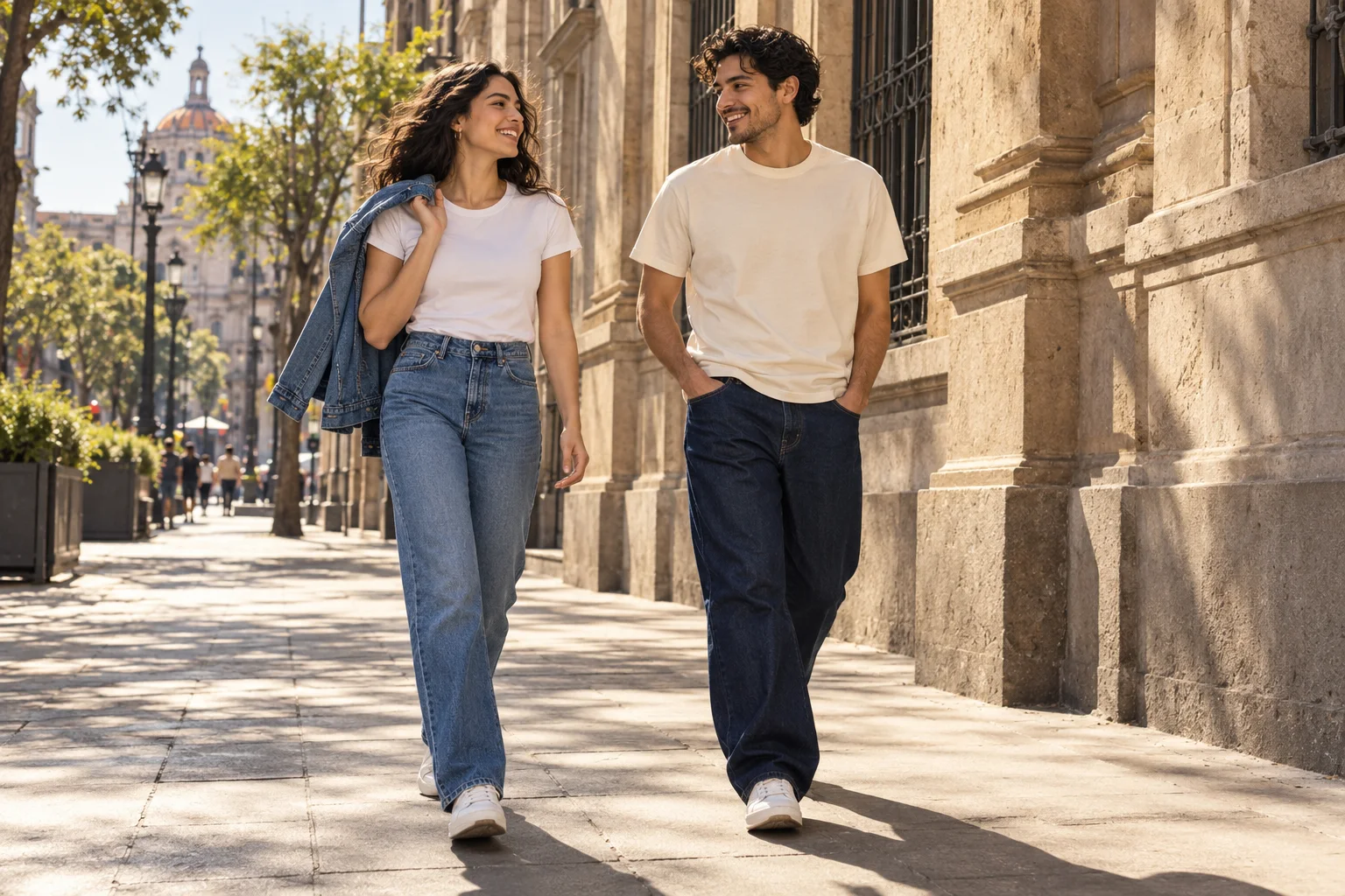 Dos personas con outfits de mezclilla caminando por una calle de la Ciudad de México